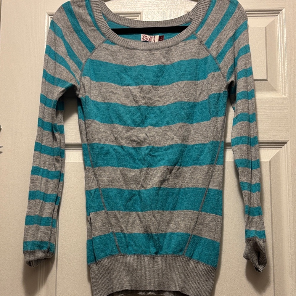 SO Teal and Gray Striped Sweater